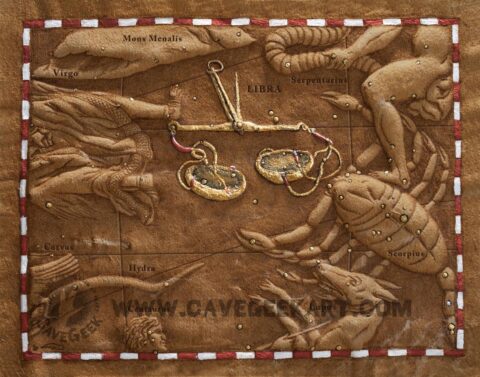 Photo of Cave Geek Art's Zodiac Collection Libra Constellation Map burned on buckskin leather and painted with primitive tools.
