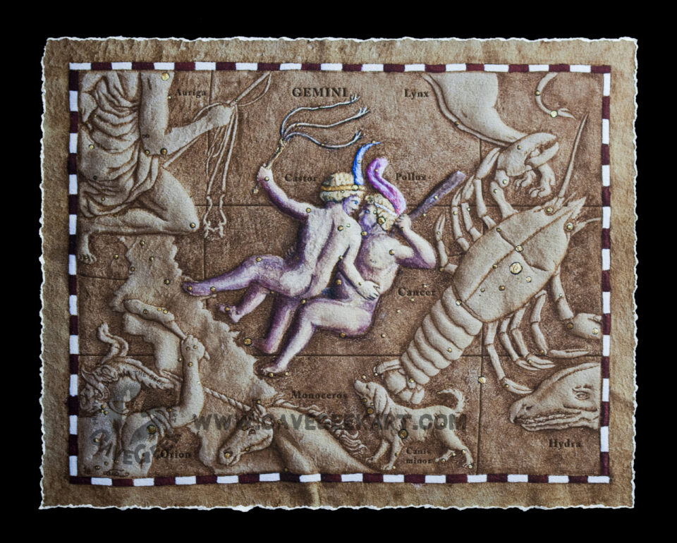 Photo of Cave Geek Art's Zodiac Collection Gemini Constellation Map burned on buckskin leather and painted with primitive tools showing the hand-deckled edges.