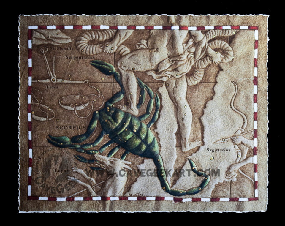 Photo of Cave Geek Art's Zodiac Collection Scorpius Constellation Map burned on buckskin leather and painted with primitive tools showing the hand-deckled edges.