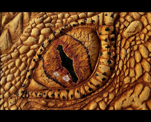 Photo of Cave Geek Art's Smaug's Eye burned on buckskin leather and finished with natural pigments and primitive tools.