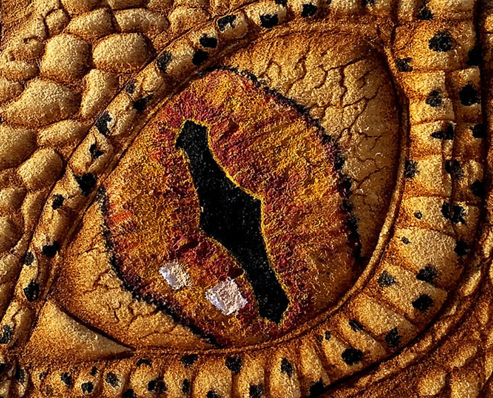 Close up of Smaug's Eye burned on buckskin leather and finished with natural pigments and primitive tools.